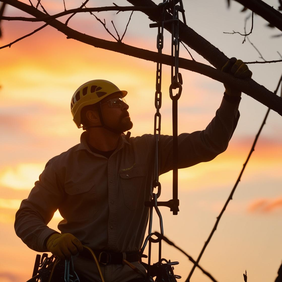 Arborist ohtliku puud langetamas