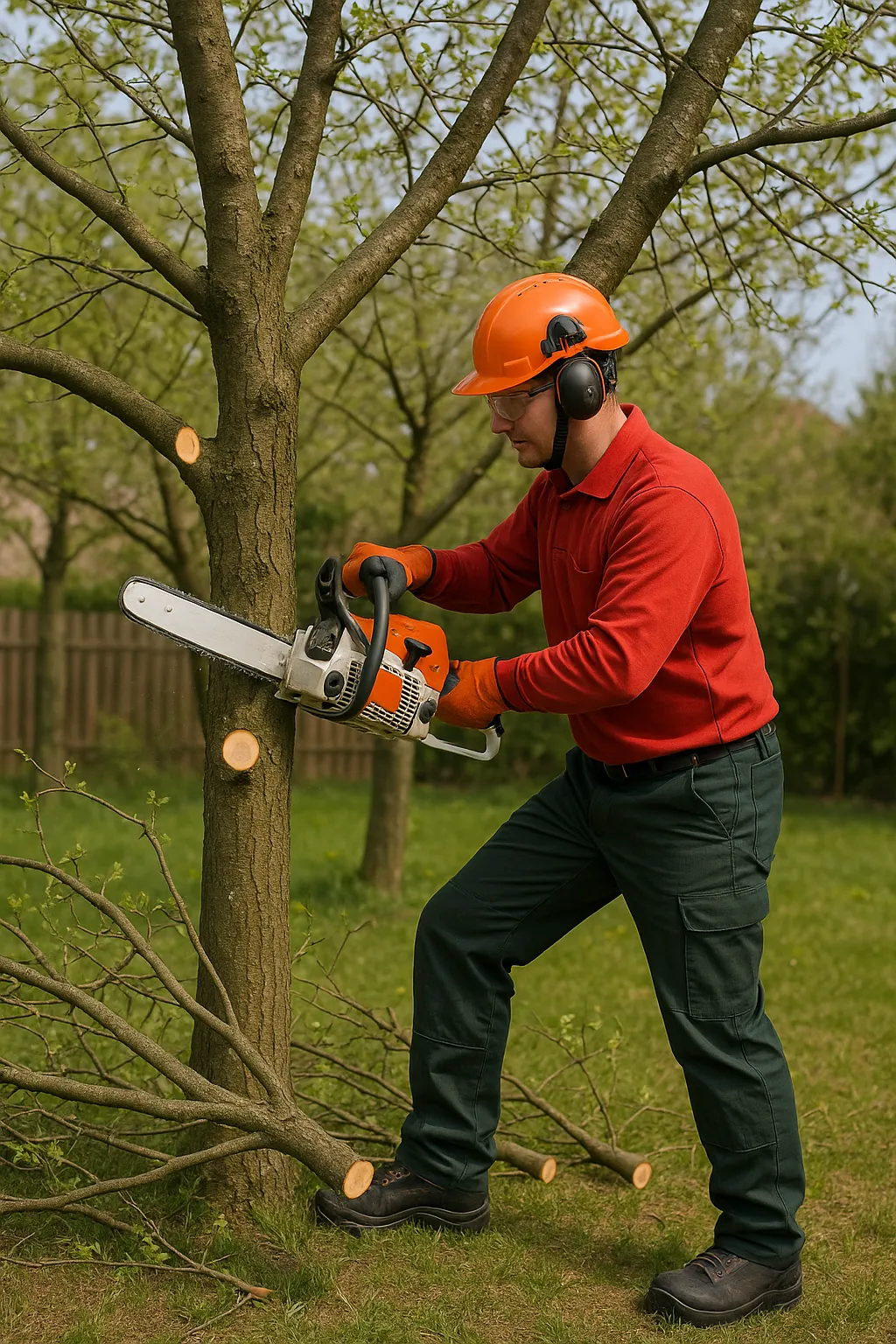 Arborist lõikab aias mootorsaega oksi