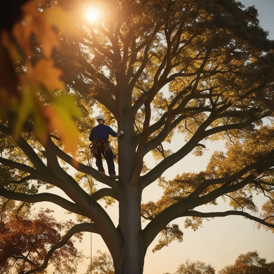Arborist suure lehtpuu võras loojangul