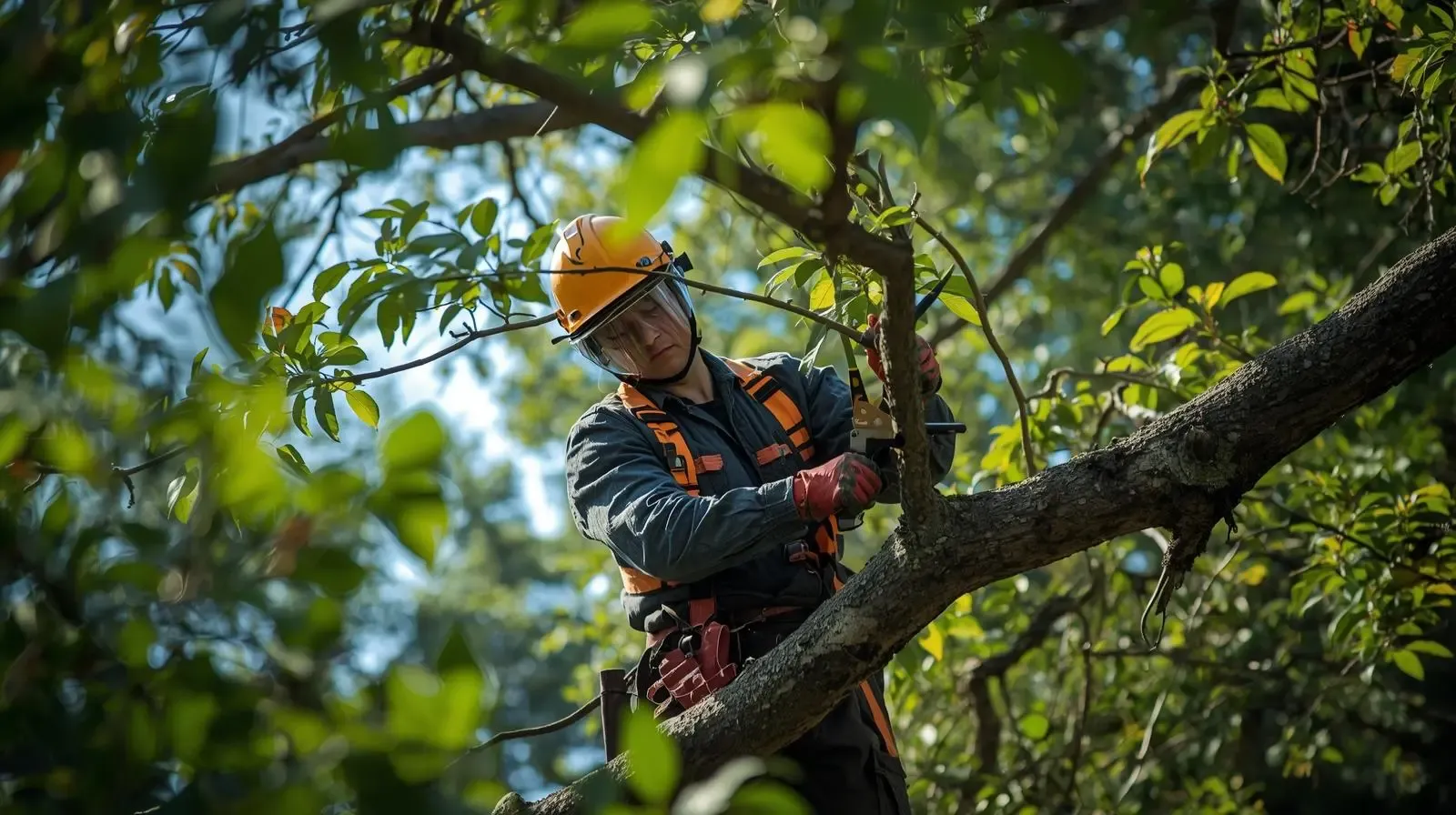 Arborist turvavarustuses puu võras