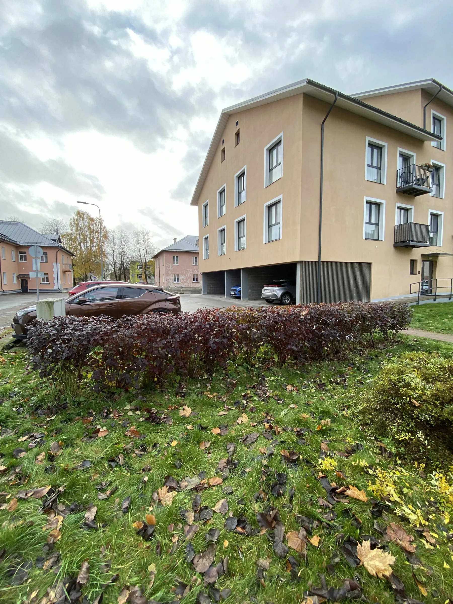 Kortermaja hoovi madal lehtpuuhekk muruplatsi ääres