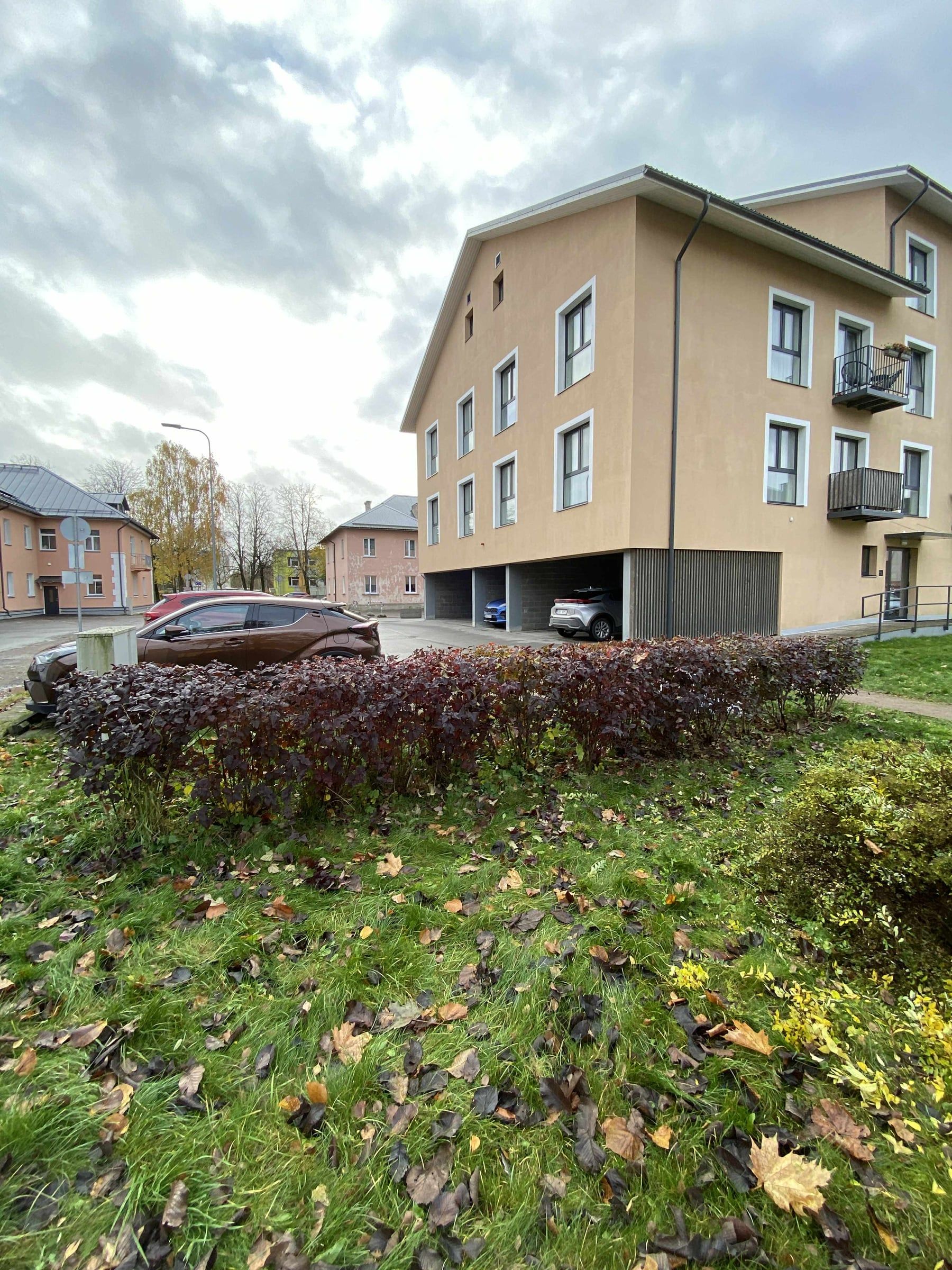 Kortermaja hoovi madal lehtpuuhekk muruplatsi ääres