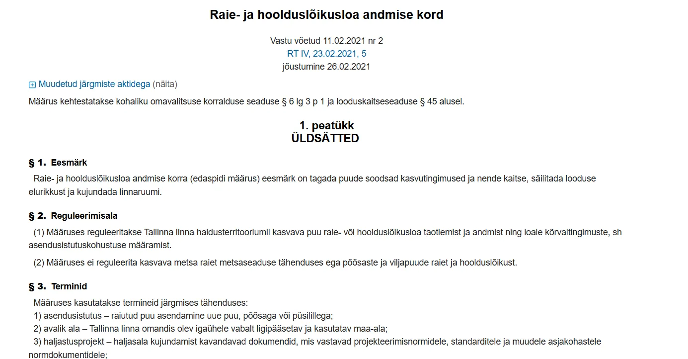 Kuvatõmmis Tallinna raie- ja hoolduslõikusloa andmise korrast