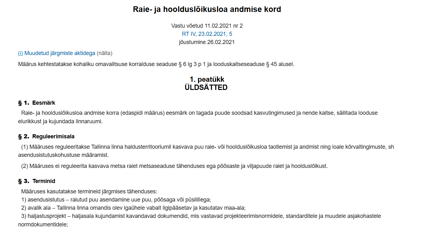 Kuvatõmmis Tallinna raie- ja hoolduslõikusloa andmise korrast